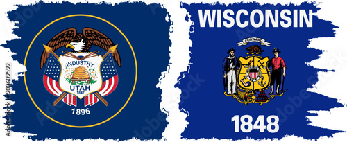 Wisconsin and Utah states grunge brush flags connection, vector