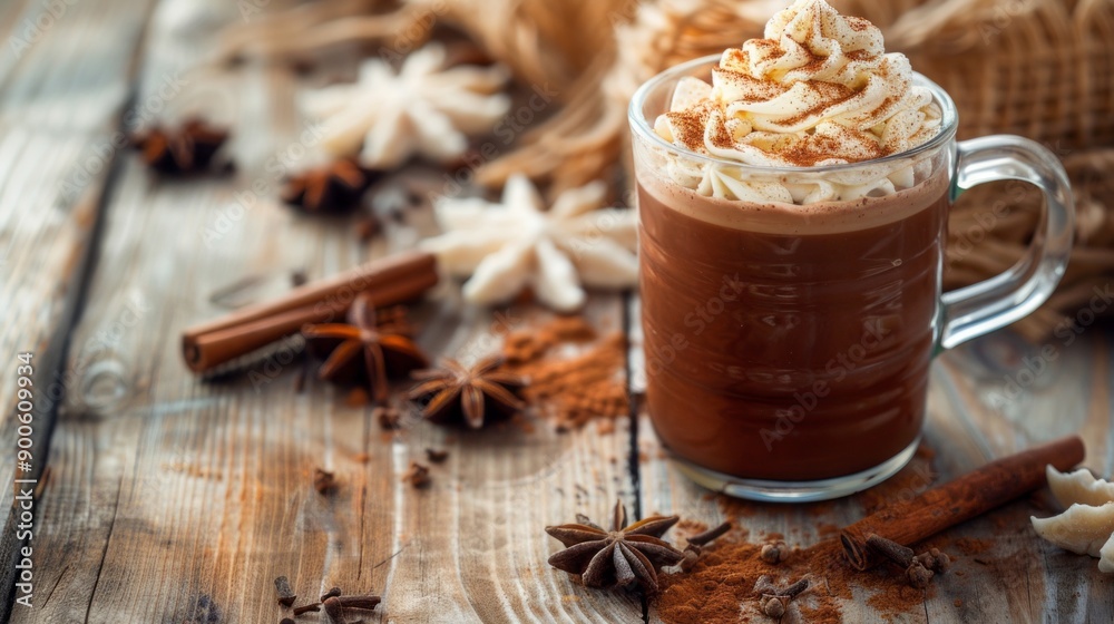A mug of hot chocolate with whipped cream and cinnamon on a wooden table A mug of hot chocolate with whipped cream and cinnamon on a wooden table