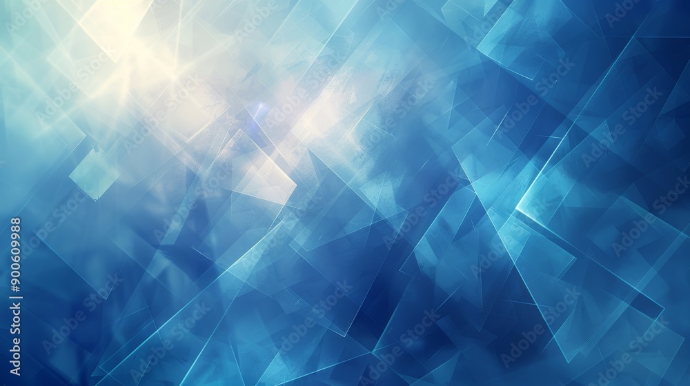 Blue gradient background featuring an arrangement of transparent geometric shapes including rounded squares and triangle