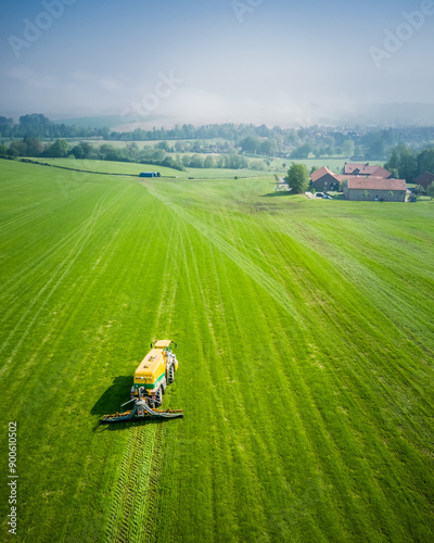 Manure injection on a green grassland in the Dutch Limburg area.