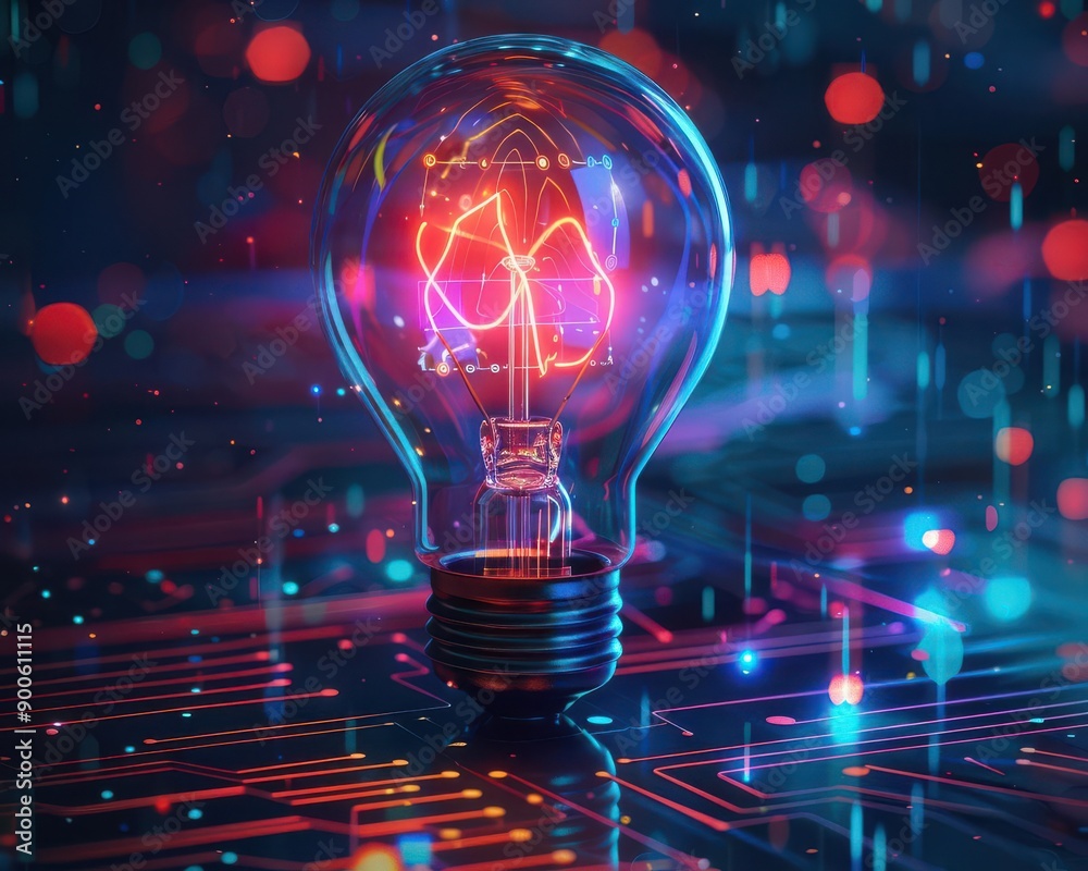 Innovation, holographic light bulb, futuristic new idea concept, creative business solution