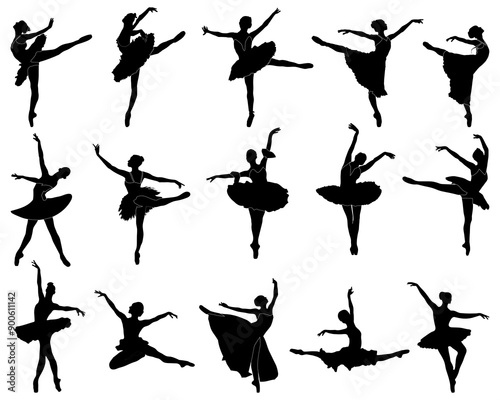 Black silhouettes of ballerinas on white background
