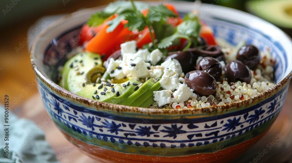 A vibrant quinoa salad bowl combines fresh ingredients like avocado, olives, tomatoes, and feta, showcasing a unique Greek Japanese fusion A vibrant quinoa salad bowl combines fresh ingredients like avocado, olives, tomatoes, and feta, showcasing a unique Greek Japanese fusion