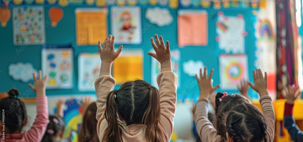 View from behind of elementary school children raising their hands to answer questions from the teacher. View from behind of elementary school children raising their hands to answer questions from the teacher.
