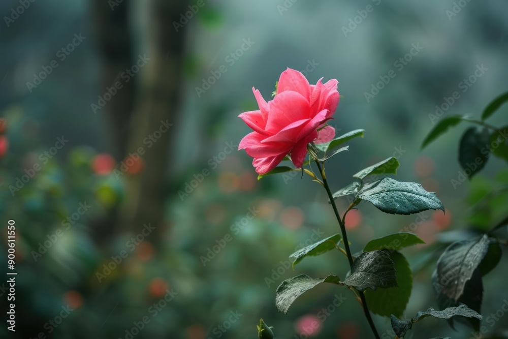 Single pink rose blooms gracefully amid the ethereal mist of a serene garden Single pink rose blooms gracefully amid the ethereal mist of a serene garden