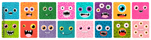 Colorful cartoon monster faces with different funny and silly expressions, Vector rounded textured square icons with cute creature faces