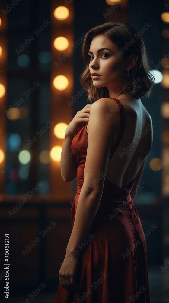 Woman in a red dress by person