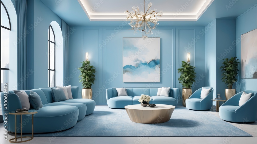 Fototapeta premium Sky blue walls and furnishings in a contemporary lobby, celeste accent interior design