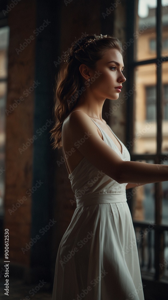 A woman in a white dress stands in front of a window. A woman in a white dress stands in front of a window.