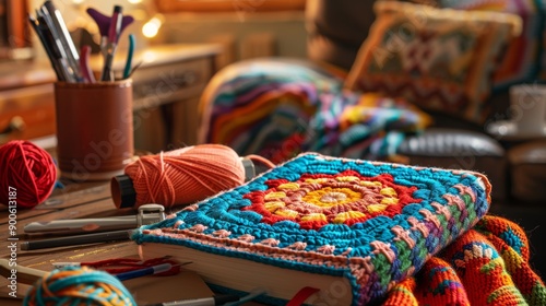 Cozy living room with vibrant crochet blanket, yarn, and craft supplies. scene includes crochet project in progress and warm ambiance, perfect for crafting inspiration.