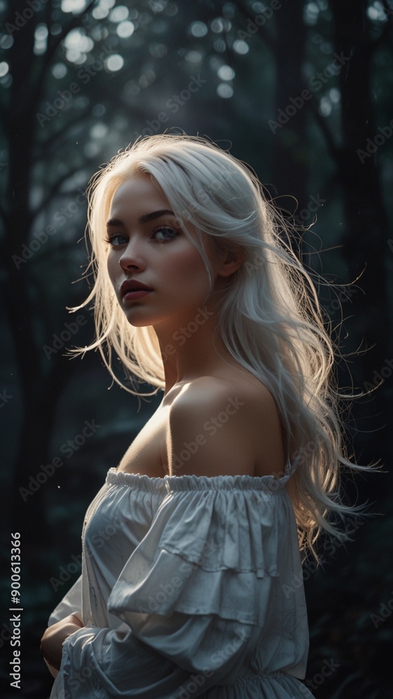 Naklejka premium A woman with long blonde hair and a white top with a long hair.