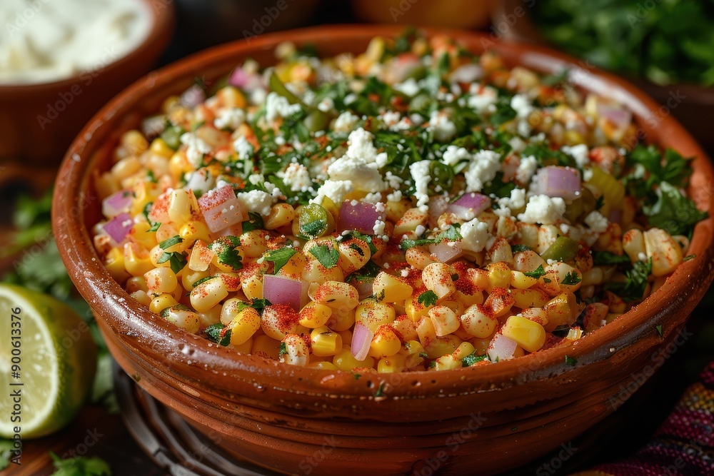 A bowl of esquites, a Mexican street corn salad with kernels sauted in butter, mixed with mayo, cheese, chili powder, and lime juice A bowl of esquites, a Mexican street corn salad with kernels sauted in butter, mixed with mayo, cheese, chili powder, and lime juice