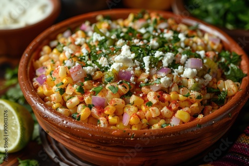 A bowl of esquites, a Mexican street corn salad with kernels sauted in butter, mixed with mayo, cheese, chili powder, and lime juice