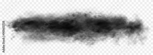 Dark gloomy vector realistic long cloud isolated on white semi transparent background. Black smoke from fire or conflagration. Else useful for halloween or another fearfull theme photo