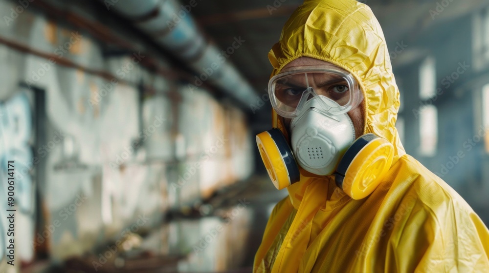 A man in a yellow protective suit with a mask on his face A man in a yellow protective suit with a mask on his face
