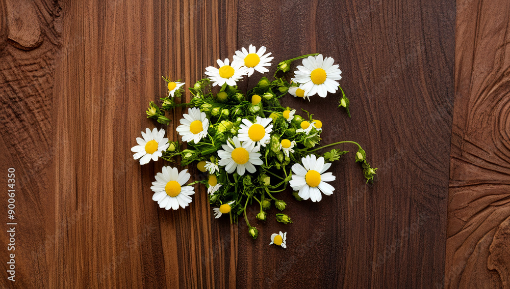 Fototapeta premium Chamomile flowers background Wood Texture