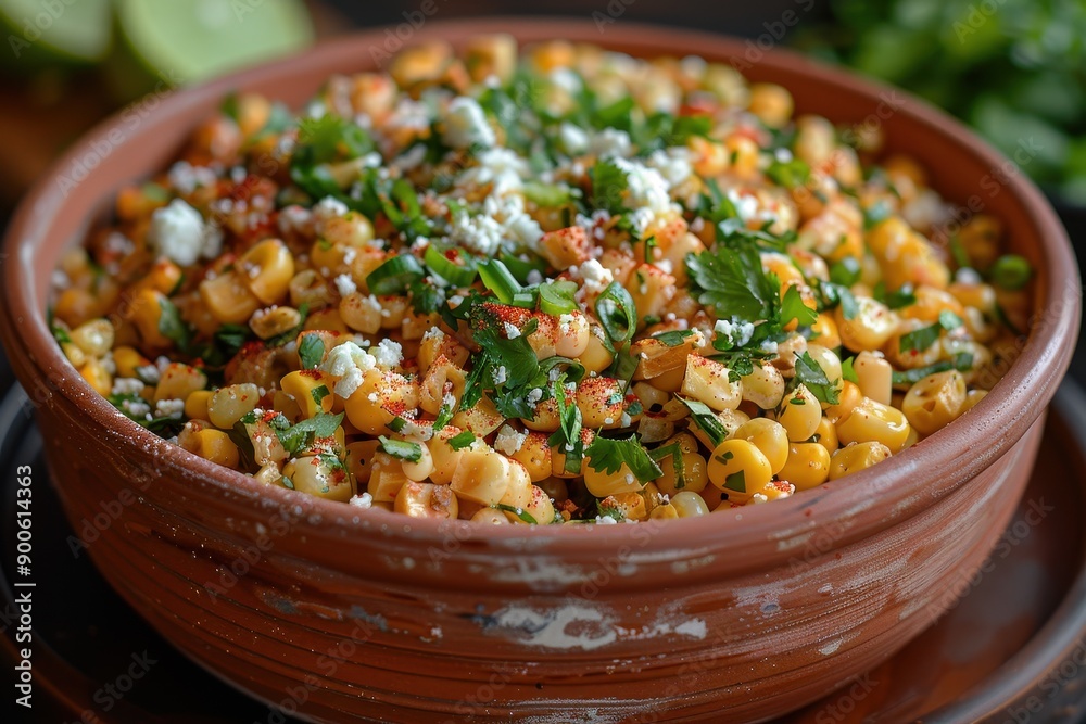 A bowl of esquites, a Mexican street corn salad with kernels sauted in butter, mixed with mayo, cheese, chili powder, and lime juice A bowl of esquites, a Mexican street corn salad with kernels sauted in butter, mixed with mayo, cheese, chili powder, and lime juice