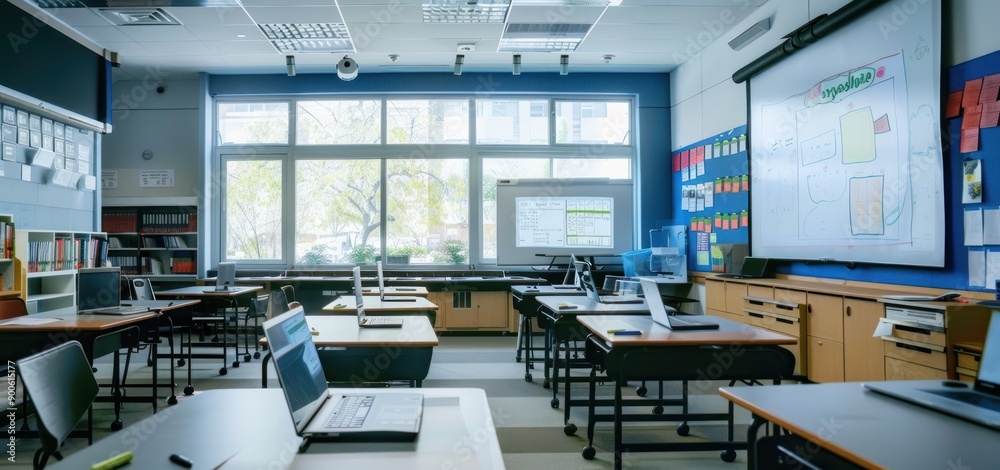 Empty school classroom with laptops on study tables. Empty school classroom with laptops on study tables.
