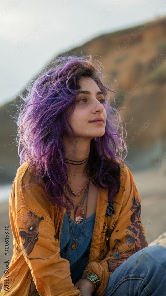 A woman with long purple hair sits on a rocky beach, wearing a tan jacket, light blue jeans, and necklaces. The serene scene includes cliffs, water, and a setting sun. A woman with long purple hair sits on a rocky beach, wearing a tan jacket, light blue jeans, and necklaces. The serene scene includes cliffs, water, and a setting sun.
