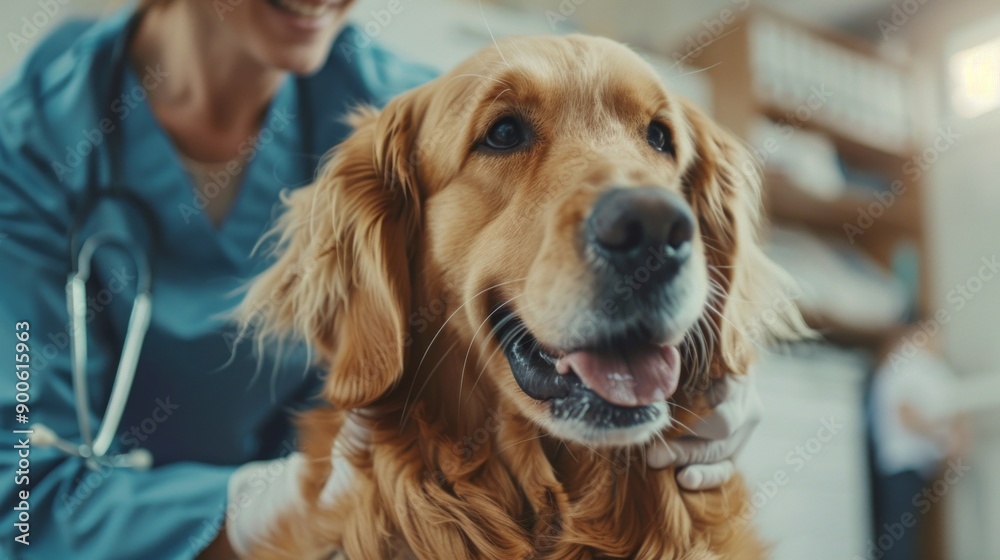 A woman is petting a dog in a veterinary clinic A woman is petting a dog in a veterinary clinic