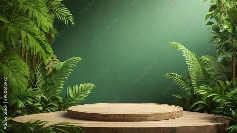 Wooden Podium in Lush Tropical Forest for Product Presentation with Green Background. Made with Generative AI Technology Wooden Podium in Lush Tropical Forest for Product Presentation with Green Background. Made with Generative AI Technology