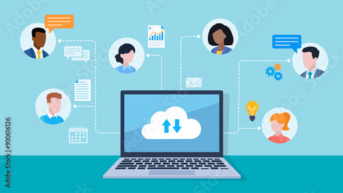 Laptop with a cloud connection icon on the screen. Around the laptop are employee avatars. Next to them are icons of light bulbs, gears, conversation, document, calendar. Flat design illustration. 