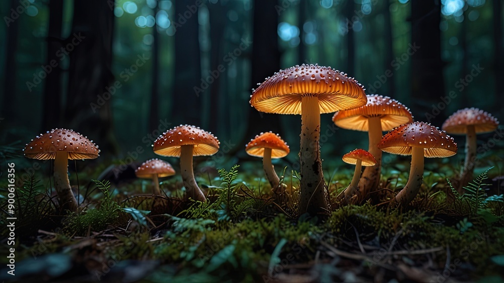 Fototapeta premium Delicately Illuminated Iridescent Mushrooms in a Mystical Forest Under Soft Moonlight