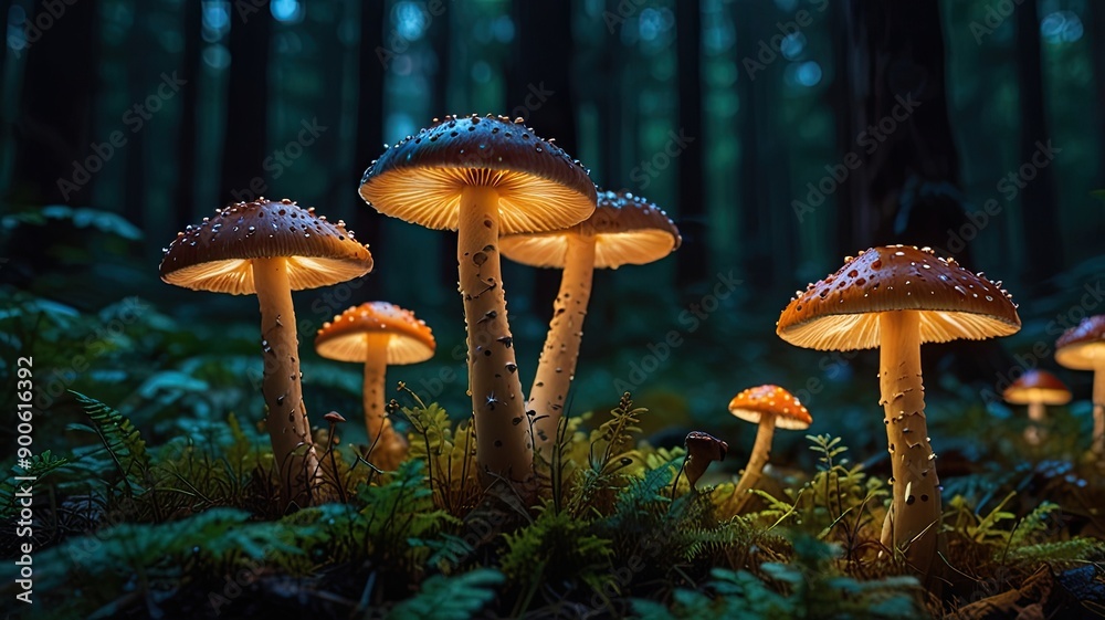 Fototapeta premium Delicate Iridescent Mushrooms Illuminated at Dusk in Enchanted Forest