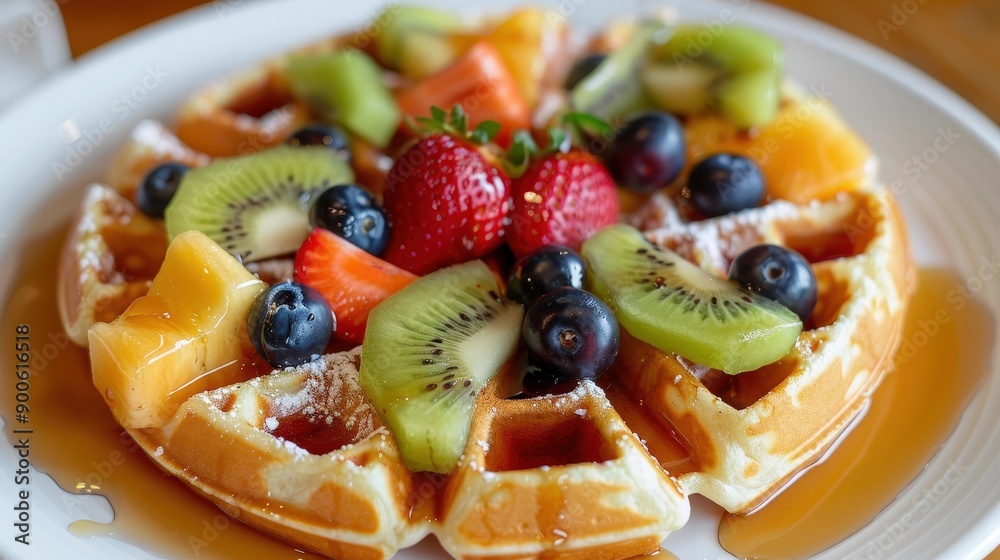 A vibrant mochi waffle adorned with strawberries, blueberries, kiwis, and other fruits drizzled with syrup, served in a warm café setting A vibrant mochi waffle adorned with strawberries, blueberries, kiwis, and other fruits drizzled with syrup, served in a warm café setting