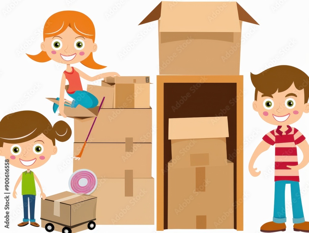 Children happily unpacking boxes in their new home Children happily unpacking boxes in their new home