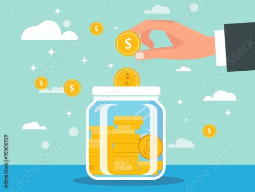 Hand giving a coin to a glass jar for savings with a sky background photo