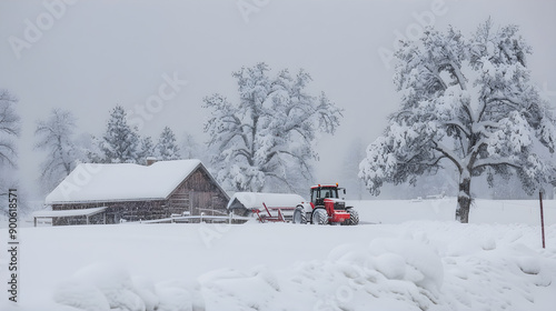 Winter landscape with a red tractor in front of a snow-covered barn in rustic style.