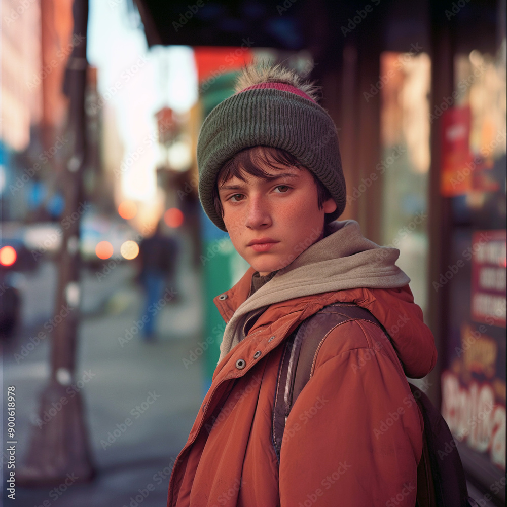 A young boy wearing a green hat and a brown jacket stands in front of a store A young boy wearing a green hat and a brown jacket stands in front of a store
