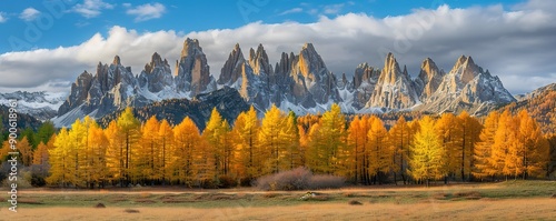 a yellow pine forest with mountainous backgrounds photo