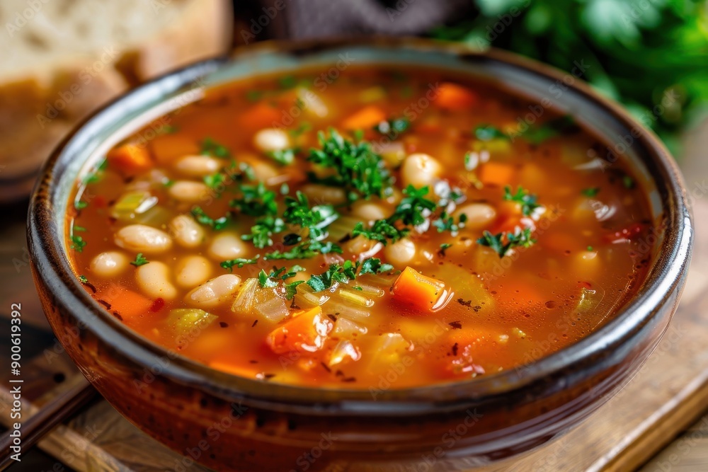 A bowl of fasolada, a traditional Greek bean soup with tomatoes, carrots, celery, and olive oil, garnished with parsley A bowl of fasolada, a traditional Greek bean soup with tomatoes, carrots, celery, and olive oil, garnished with parsley