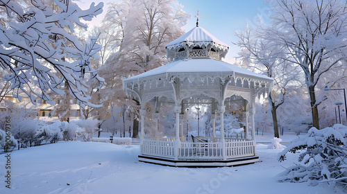 Beautiful snow-covered gazebo surrounded by trees in a peaceful park setting under a grey sky. photo