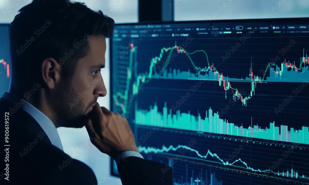 Focused on the Market:  A serious businessman analyzes financial charts on his computer, his face a study of concentration and determination. The image conveys the intensity and pressure of the stock 
