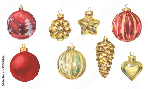 Watercolor set of Christmas tree toys and balls