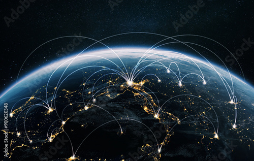 Fototapeta Naklejka Na Ścianę i Meble -  Night planet earth from space with light lines of communication and connection. Business and finance, concept.  Global communications system and the World Wide Web. Technologies and communications.