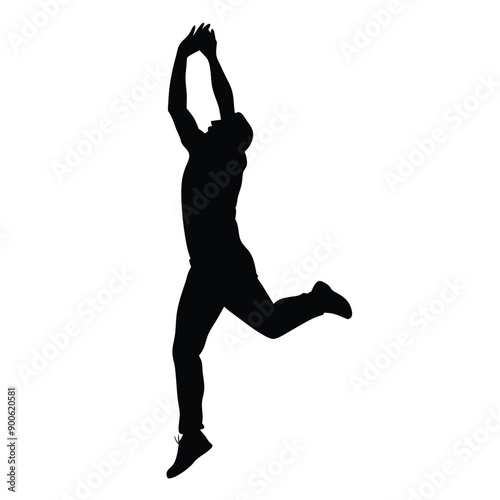 a cricket fielder jumping for catching ball, vector silhouette isolated white background