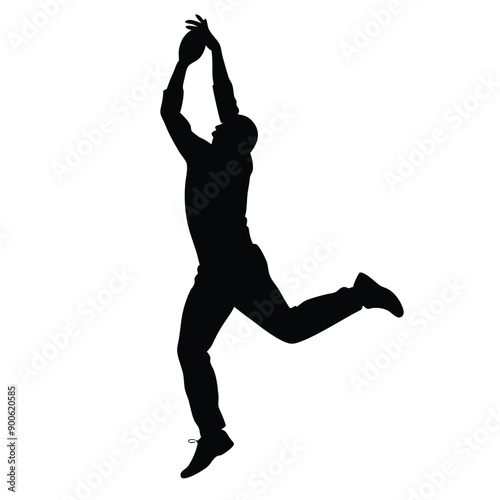 a cricket fielder jumping for catching ball, vector silhouette isolated white background