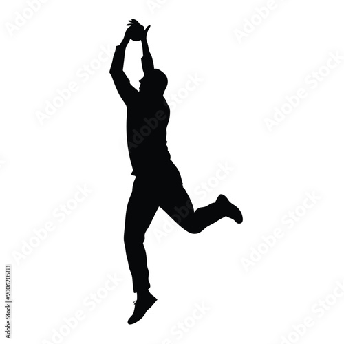 a cricket fielder jumping for catching ball, vector silhouette isolated white background