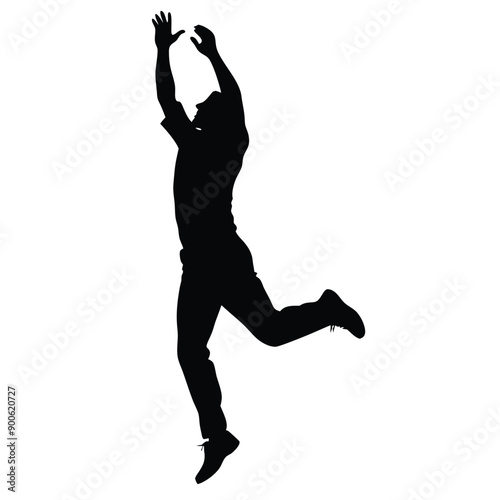 a cricket fielder jumping for catching ball, vector silhouette isolated white background