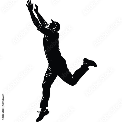 a cricket fielder jumping for catching ball, vector silhouette isolated white background