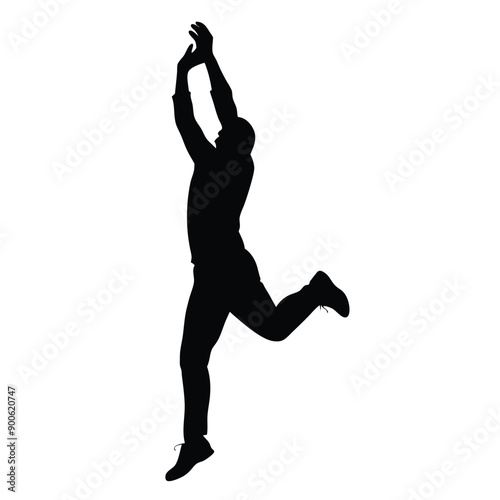 a cricket fielder jumping for catching ball, vector silhouette isolated white background