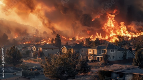A wildfire threatens homes in a suburban neighborhood, with towering flames and smoke billowing against the evening sky