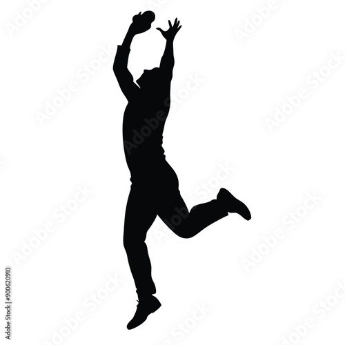 a cricket fielder jumping for catching ball, vector silhouette isolated white background