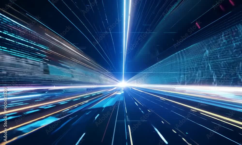 Digital Highway: A captivating abstract image of a digital highway, with glowing lines of code and data streams converging towards a brilliant light at the horizon. The futuristic and dynamic composit