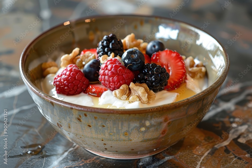 A bowl of Greek yogurt topped with honey, walnuts, and fresh berries, served in a rustic ceramic bowl. A bowl of Greek yogurt topped with honey, walnuts, and fresh berries, served in a rustic ceramic bowl.