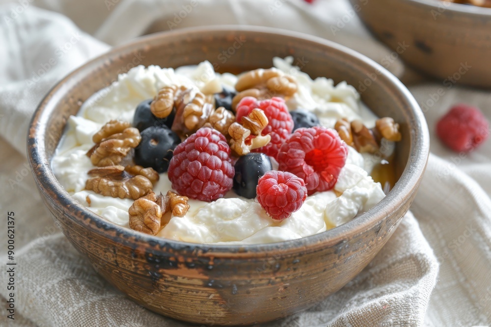 A bowl of Greek yogurt topped with honey, walnuts, and fresh berries, served in a rustic ceramic bowl. A bowl of Greek yogurt topped with honey, walnuts, and fresh berries, served in a rustic ceramic bowl.